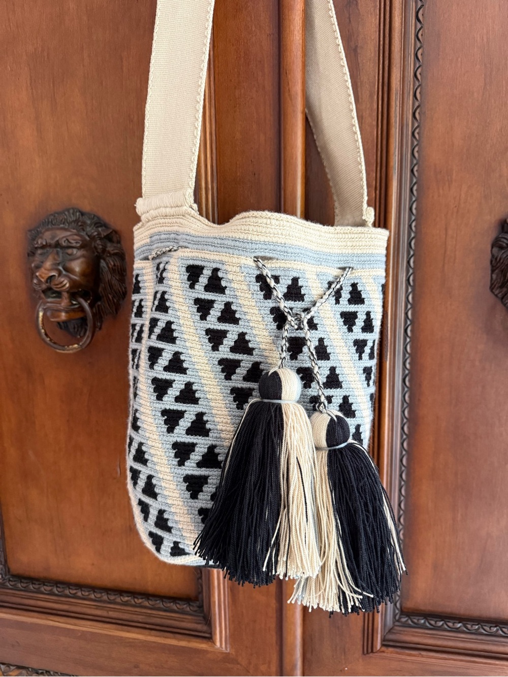 New BOHO FESTIVAL Handwoven Blue, Black & Cream Bucket Bag with Tassels